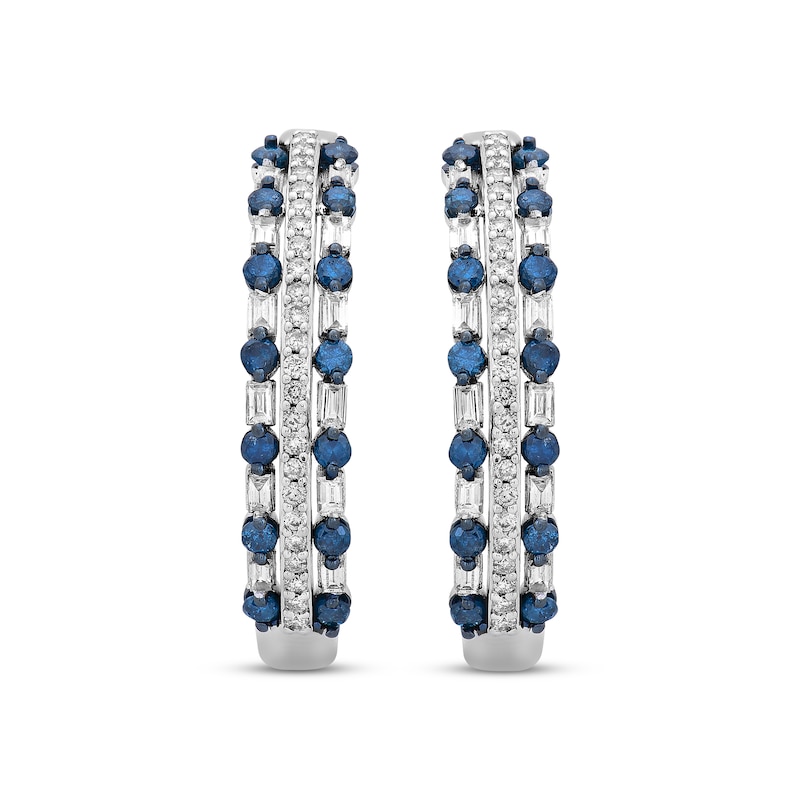 Main Image 2 of Blue & White Diamond Three-Row Hoop Earrings 1 ct tw Round & Baguette-cut 10K White Gold