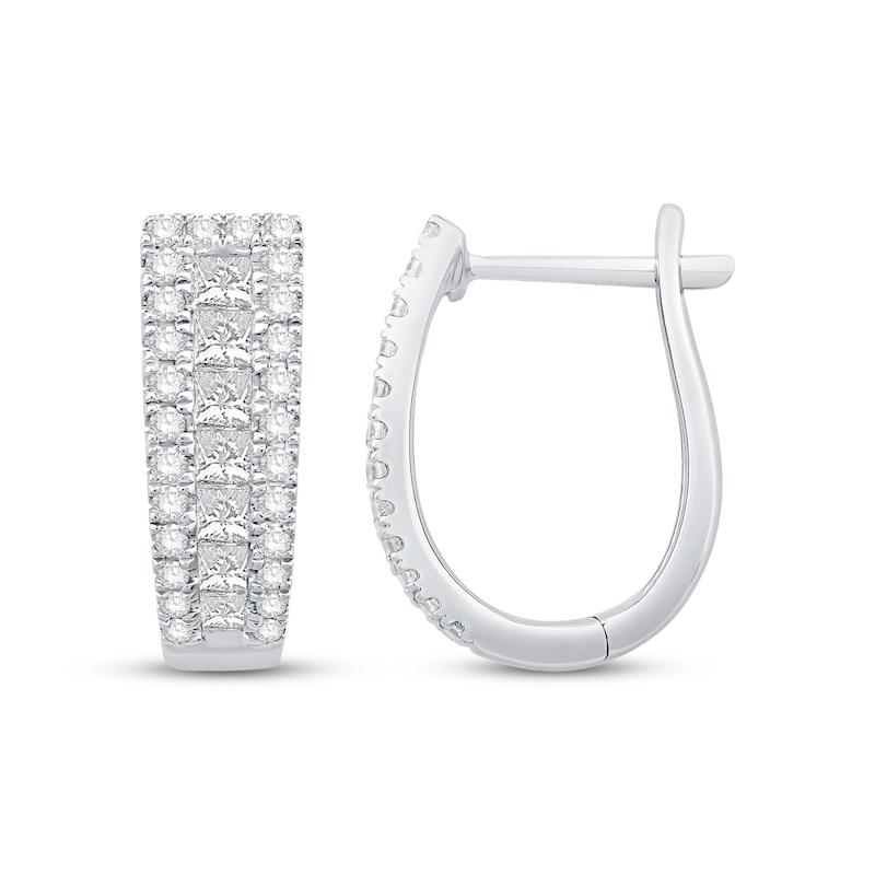 Main Image 3 of Princess & Round-Cut Diamond Tapered Hoop Earrings 1 ct tw 10K White Gold