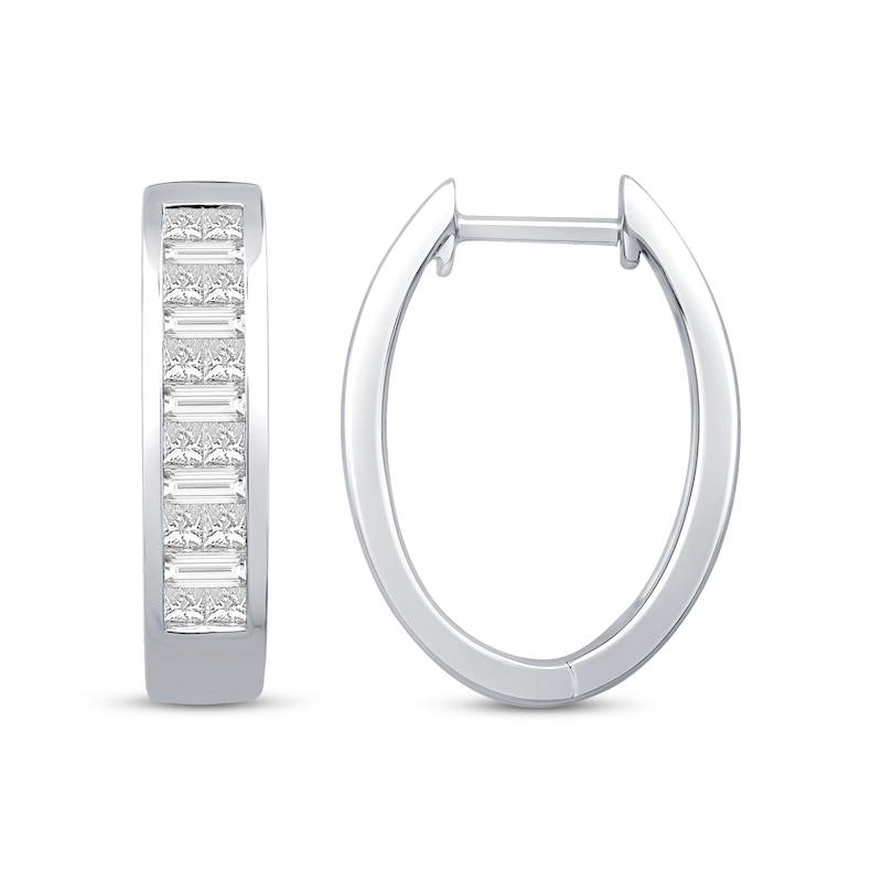 Main Image 3 of Princess & Baguette-Cut Channel Hoop Earrings 1 ct tw 10K White Gold