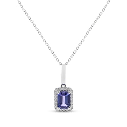 Emerald-Cut Tanzanite & Diamond Necklace 1/8 ct tw Sterling Silver 18&quot;