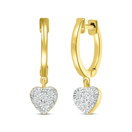 Multi-Diamond Heart Dangle Hoop Earrings 1/8 ctw tw 10K Yellow Gold