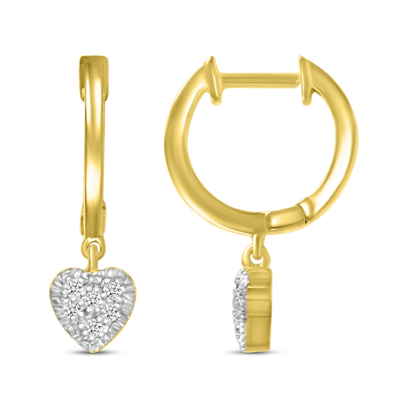 Main Image 3 of Multi-Diamond Heart Dangle Hoop Earrings 1/8 ctw tw 10K Yellow Gold