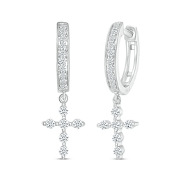Diamond Cross Dangle Hoop Earrings 1/3 ct tw Sterling Silver
