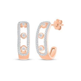 Diamond Three-Stone Bezel Open Hoop Earrings 1/3 ct tw 10K Rose Gold