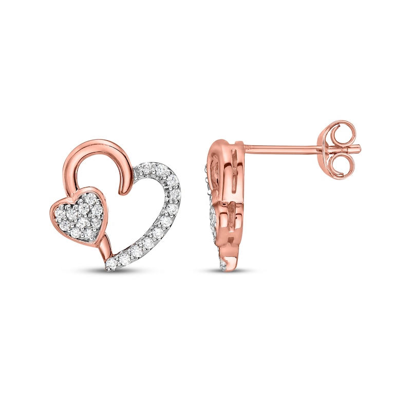 Main Image 1 of Diamond Two-Heart Stud Earrings 1/4 ct tw 10K Rose Gold