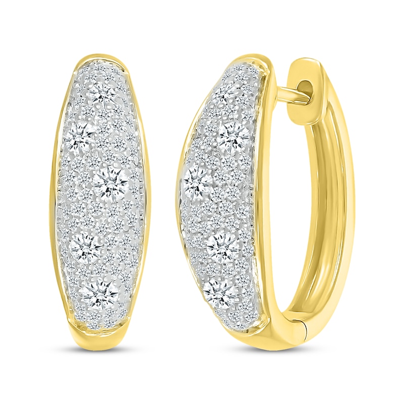 Main Image 1 of Multi-Diamond Center Cobblestone Hoop Earrings 1 ct tw 10K Yellow Gold