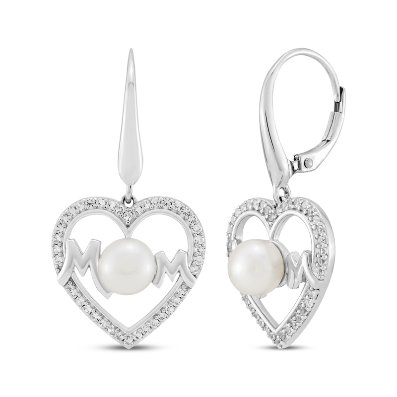 Main Image 1 of Cultured Pearl & White Lab-Created Sapphire &quot;Mom&quot; Heart Dangle Earrings Sterling Silver