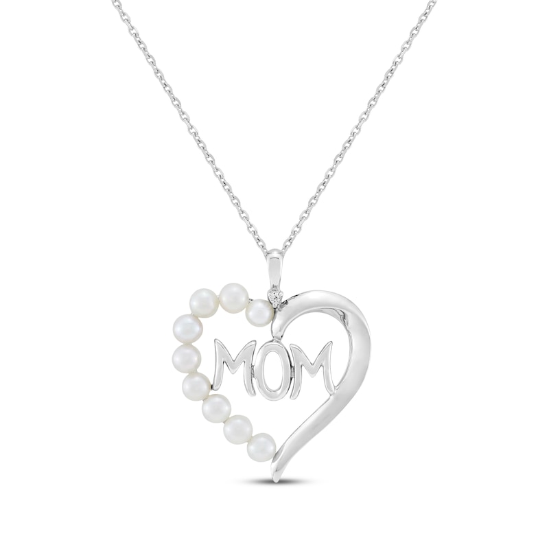 Cultured Pearl & White Lab-Created Sapphire Accent "Mom" Heart Necklace Sterling Silver 18"