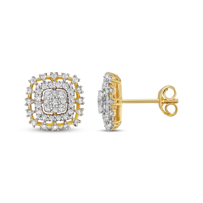 Main Image 3 of Diamond Cushion-Shaped Cluster Earrings 1/2 ct tw 10K Yellow Gold