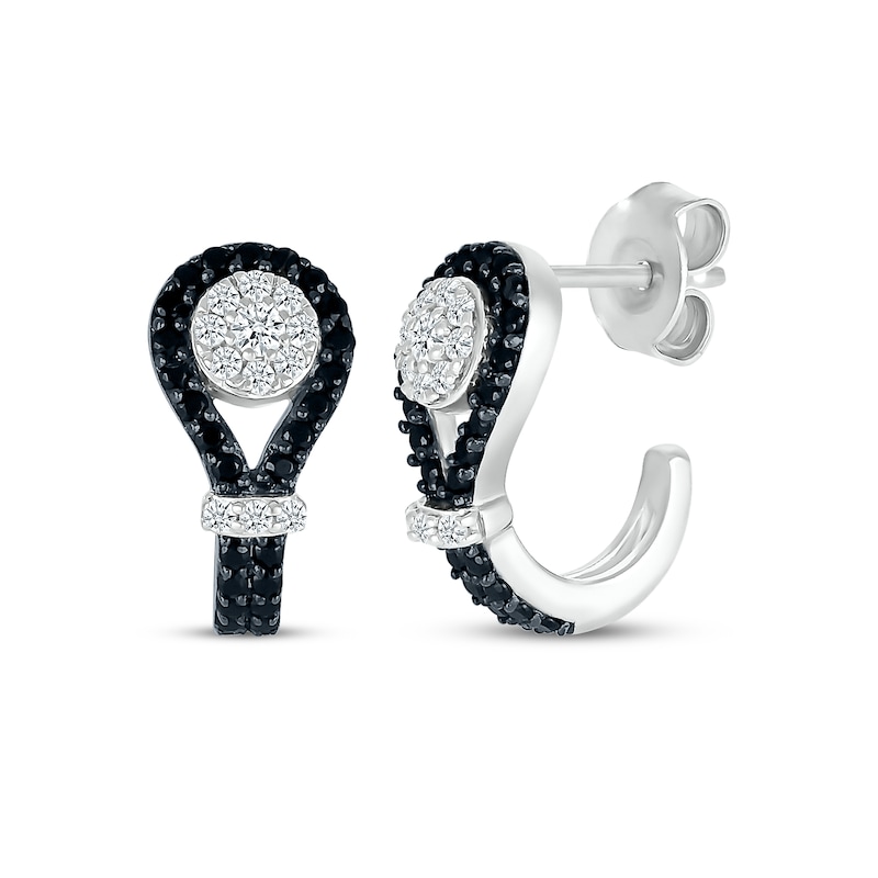 Main Image 1 of Black & White Diamond Buttonhole J-Hoop Earrings 1/2 ct tw Sterling Silver