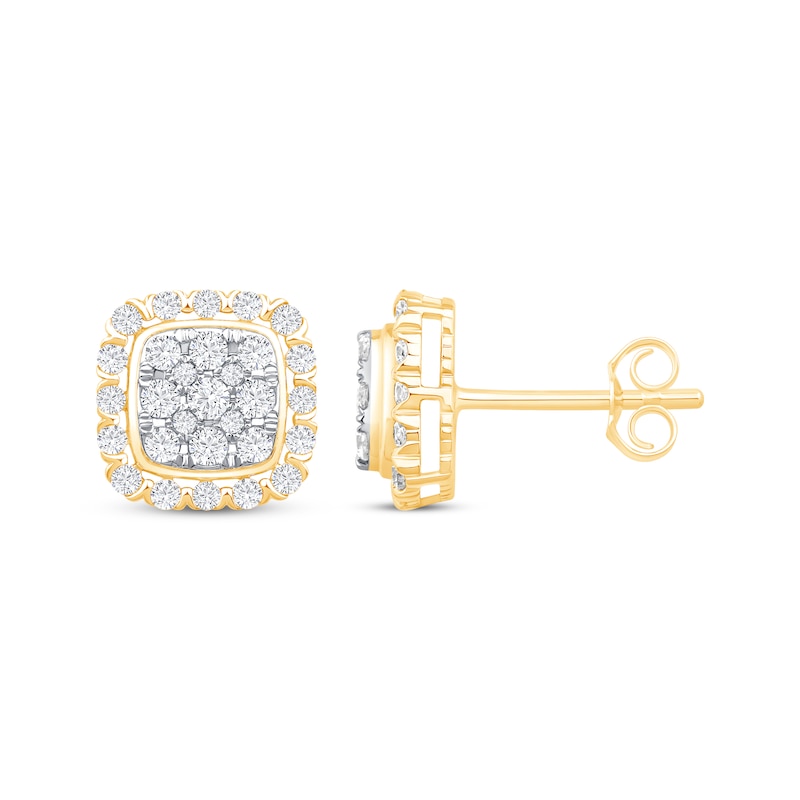 Main Image 3 of Multi-Diamond Cushion Frame Stud Earrings 1 ct tw 10K Yellow Gold