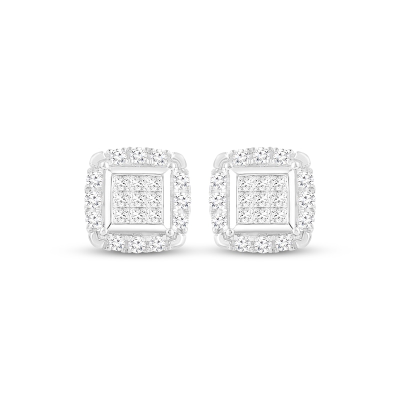 Main Image 2 of Princess & Round-Cut Multi-Diamond Cushion-Shaped Stud Earrings 1 ct tw 10K White Gold