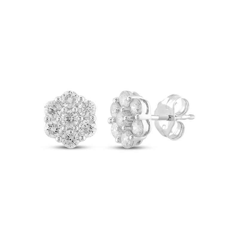 Main Image 1 of Multi-Diamond Flower Stud Earrings 1 ct tw 10K White Gold