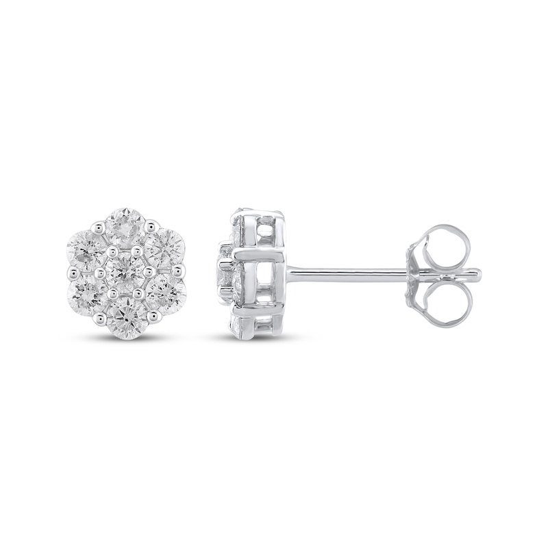 Main Image 3 of Multi-Diamond Flower Stud Earrings 1 ct tw 10K White Gold