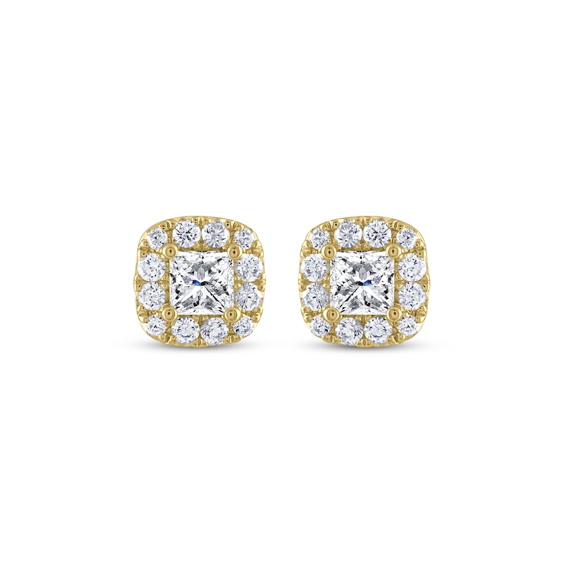 Main Image 2 of THE LEO Diamond Princess-Cut Halo Stud Earrings 1 ct tw 14K Yellow Gold