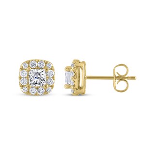 THE LEO Diamond Princess-Cut Halo Stud Earrings 1 ct tw 14K Yellow Gold ...