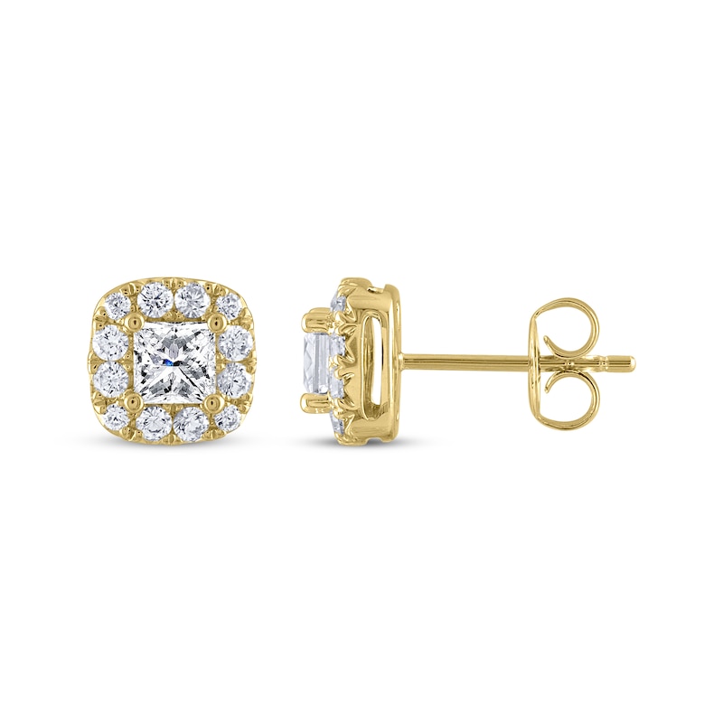 Main Image 3 of THE LEO Diamond Princess-Cut Halo Stud Earrings 1 ct tw 14K Yellow Gold