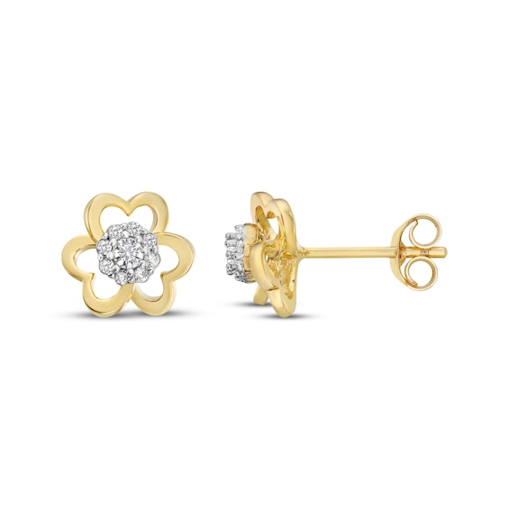 Multi-Diamond Heart Flower Frame Earrings 1/6 ct tw 10K Yellow Gold