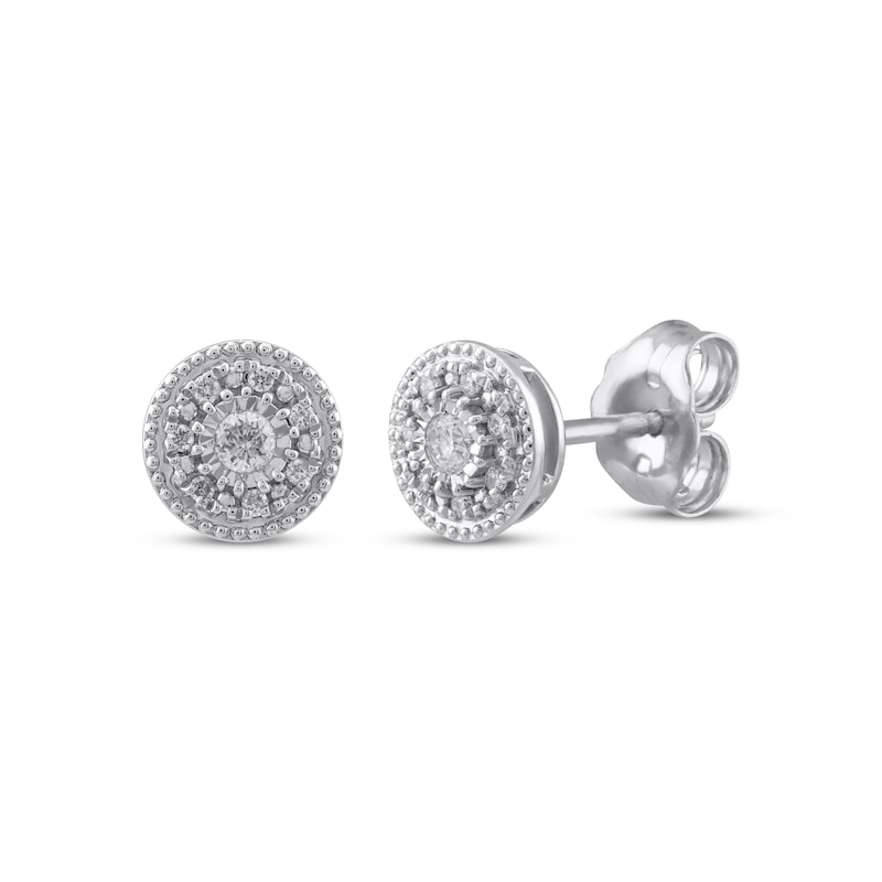 Main Image 1 of Round-Cut Diamond Milgrain Halo Stud Earrings 1/10 ct tw Sterling Silver