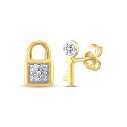 Diamond Lock & Key Stud Earrings 1/20 ct tw 10K Yellow Gold