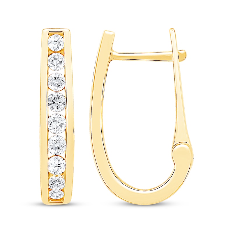 Main Image 3 of Channel-Set Diamond Oval Hoop Earrings 1 ct tw 10K Yellow Gold