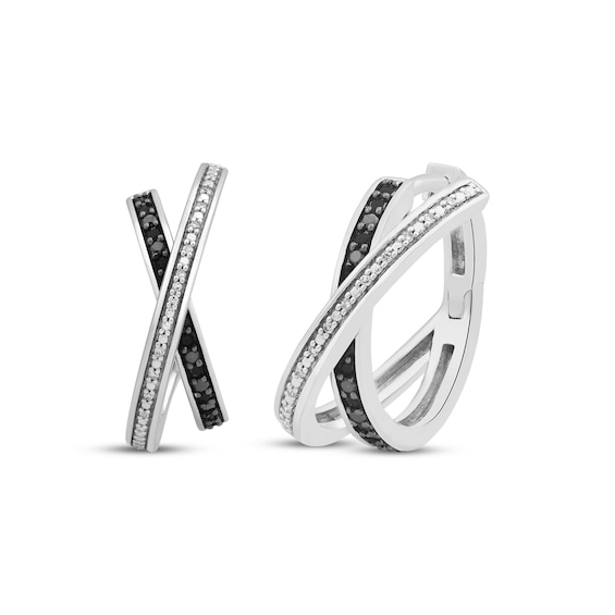 Black & White Diamond Crossover Hoop Earrings 1/10 ct tw Sterling Silver