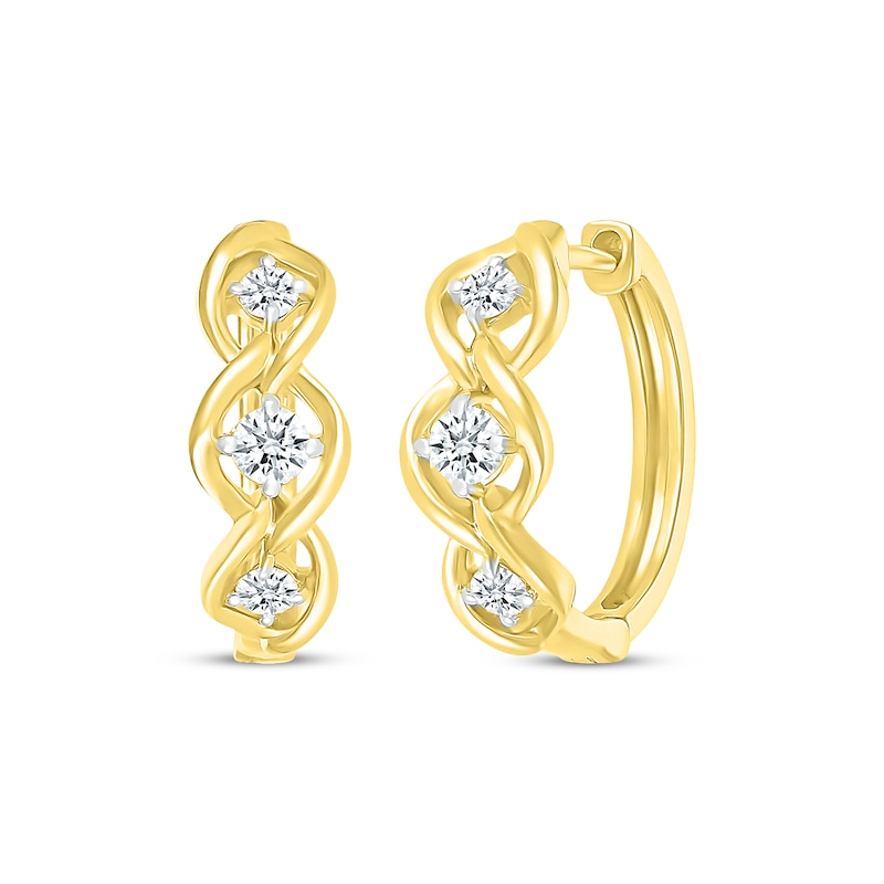 Main Image 1 of Diamond Three-Stone Twist Hoop Earrings 3/8 ct tw 10K Yellow Gold