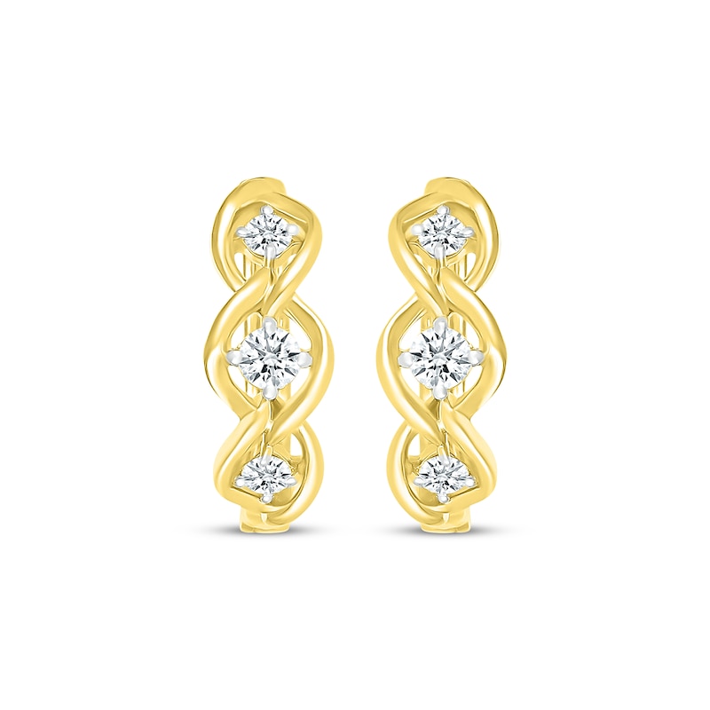 Main Image 2 of Diamond Three-Stone Twist Hoop Earrings 3/8 ct tw 10K Yellow Gold