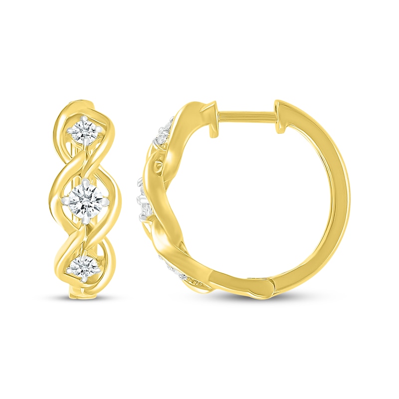 Main Image 3 of Diamond Three-Stone Twist Hoop Earrings 3/8 ct tw 10K Yellow Gold