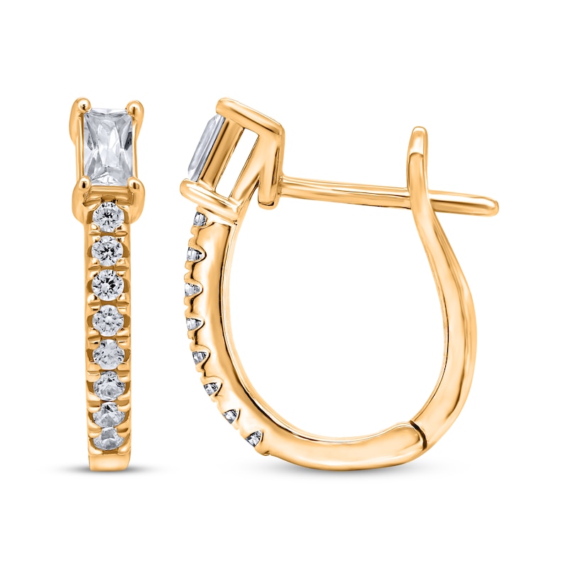 Main Image 3 of Baguette & Round-Cut Diamond Hoop Earrings 3/8 ct tw 10K Yellow Gold