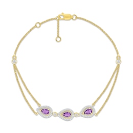 Pear-Shaped Natural Amethyst & Diamond Three-Stone Bracelet 1/4 ct tw 10K Yellow Gold 7.5&quot;