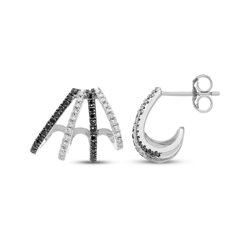 Main Image 3 of Black & White Diamond Multi-Row J-Hoop Earrings 1/3 ct tw 10K White Gold