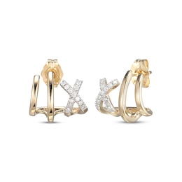 Diamond &quot;X&quot; Mini J-Hoop Earrings 1/10 ct tw 10K Yellow Gold