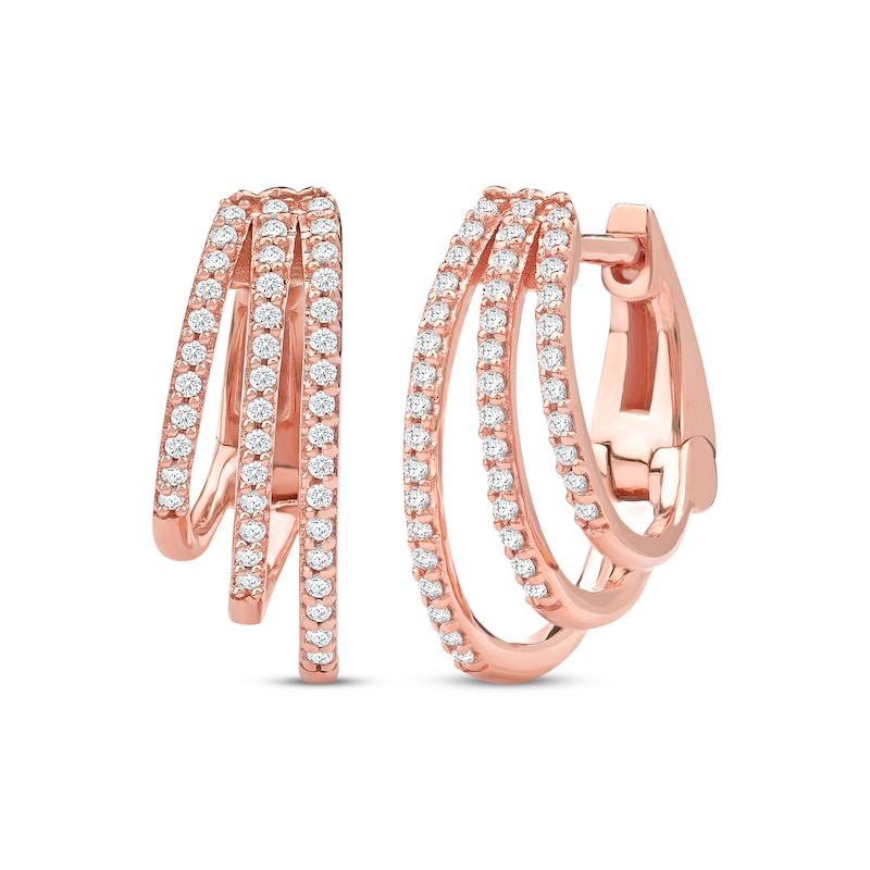 Main Image 1 of Diamond Three-Row Staggered Huggie Hoop Earrings 1/4 ct tw 10K Rose Gold