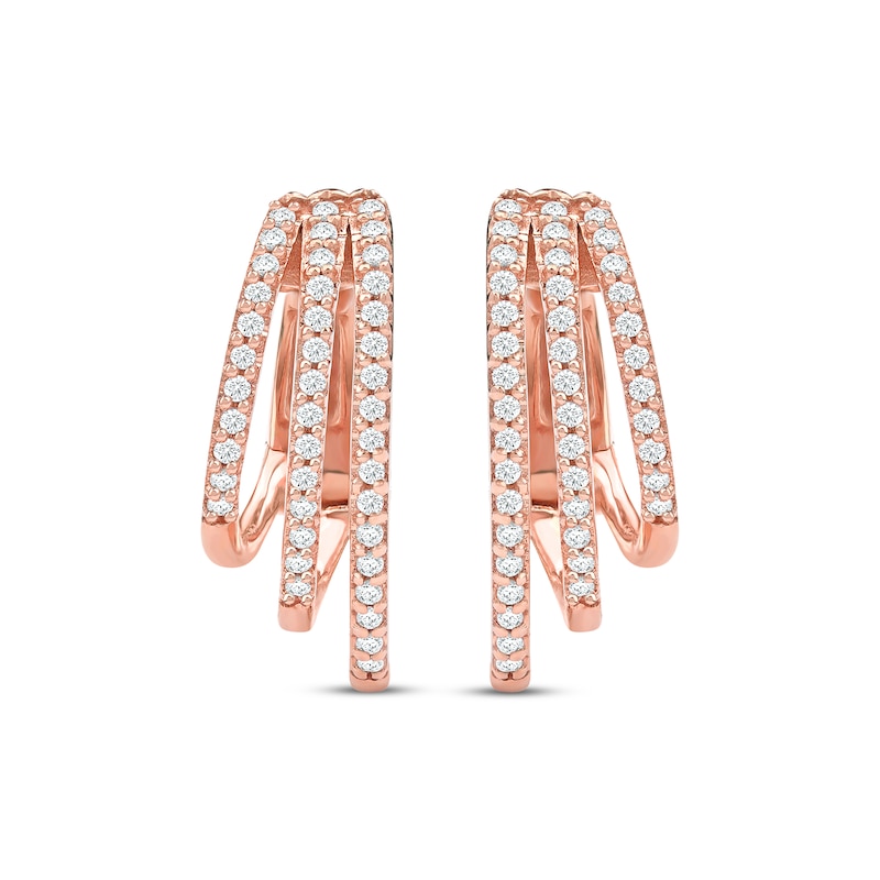 Main Image 2 of Diamond Three-Row Staggered Huggie Hoop Earrings 1/4 ct tw 10K Rose Gold