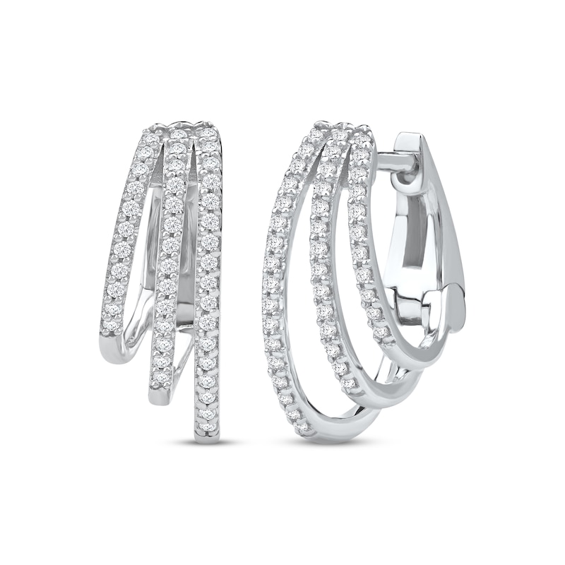 Main Image 1 of Diamond Three-Row Staggered Huggie Hoop Earrings 1/4 ct tw 10K White Gold