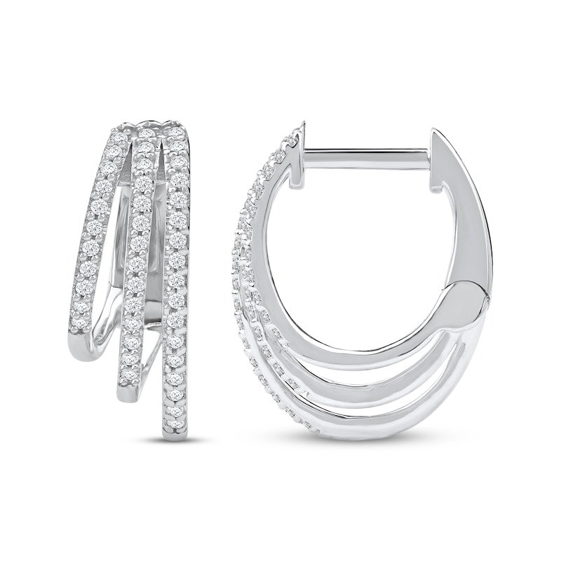 Main Image 3 of Diamond Three-Row Staggered Huggie Hoop Earrings 1/4 ct tw 10K White Gold