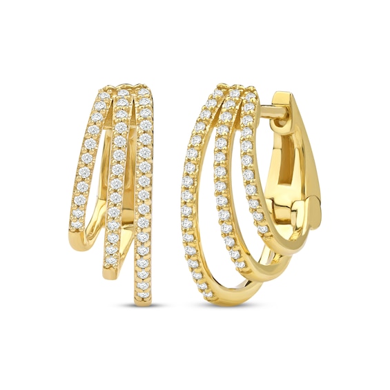 Diamond Three-Row Staggered Huggie Hoop Earrings 1/4 ct tw 10K Yellow Gold