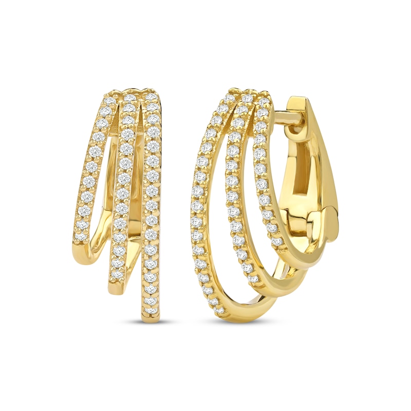 Main Image 1 of Diamond Three-Row Staggered Huggie Hoop Earrings 1/4 ct tw 10K Yellow Gold