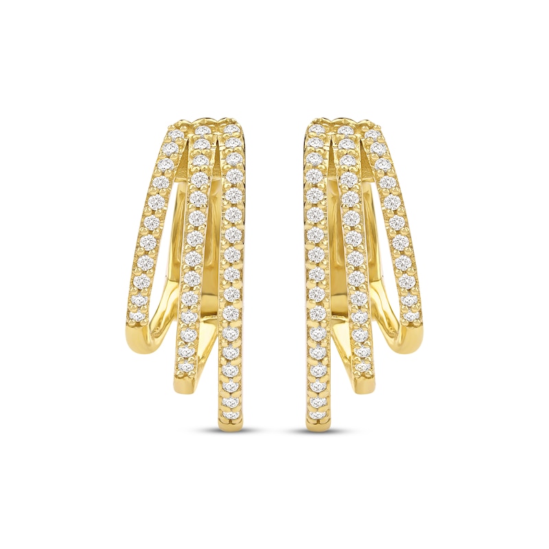 Main Image 2 of Diamond Three-Row Staggered Huggie Hoop Earrings 1/4 ct tw 10K Yellow Gold