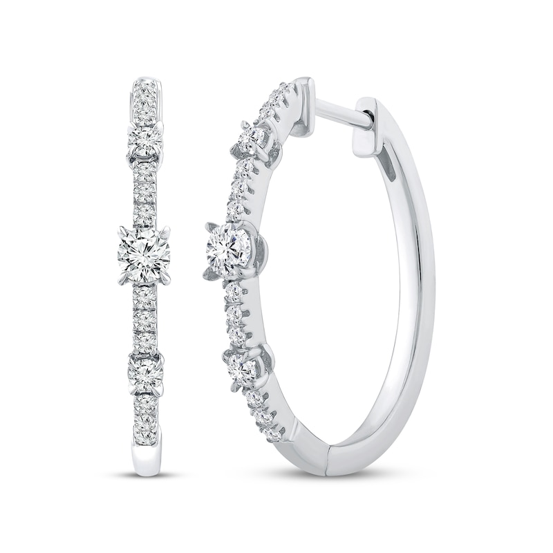 Main Image 1 of Memories, Moments, Magic Diamond Three-Stone Hoop Earrings 1/2 ct tw 10K White Gold