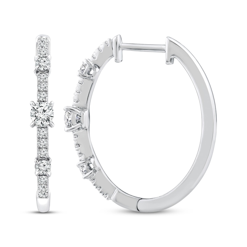 Main Image 3 of Memories, Moments, Magic Diamond Three-Stone Hoop Earrings 1/2 ct tw 10K White Gold