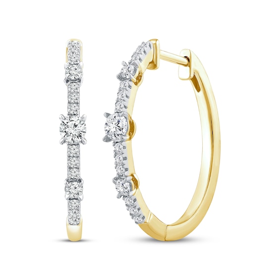 Memories, Moments, Magic Diamond Three-Stone Hoop Earrings 1/2 ct tw 10K Yellow Gold