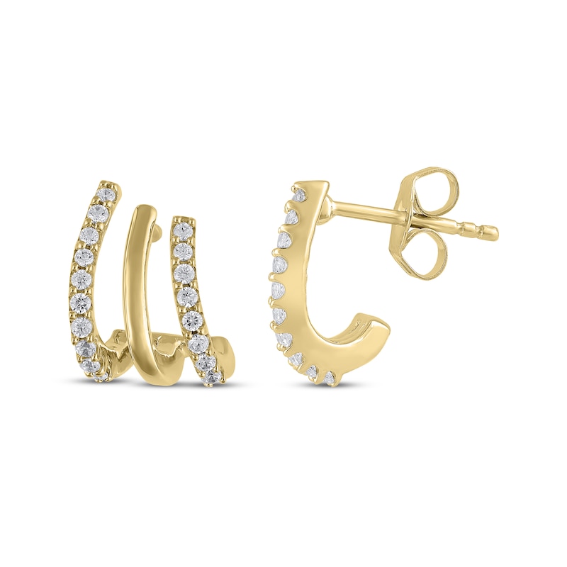 Main Image 3 of Diamond Three-Row Alternating J-Hoop Earrings 1/4 ct tw 10K Yellow Gold