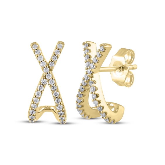 Diamond Crossover Huggie J-Hoop Earrings 1/4 ct tw 10K Yellow Gold
