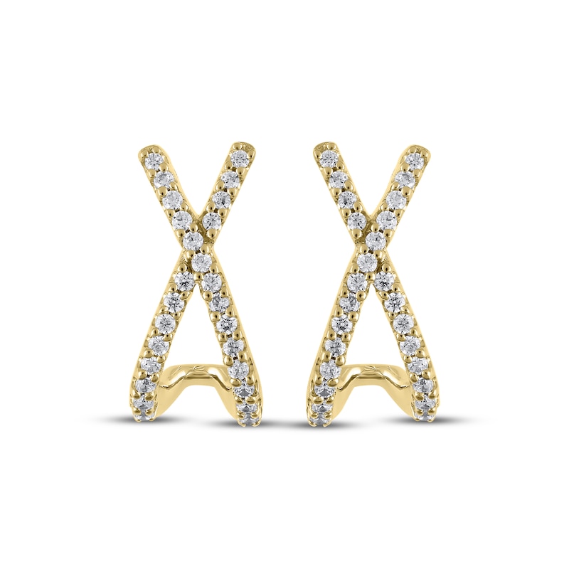 Main Image 2 of Diamond Crossover Huggie J-Hoop Earrings 1/4 ct tw 10K Yellow Gold