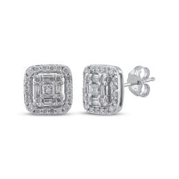 Multi-Diamond Cushion Halo Stud Earrings 1/2 ct tw 10K White Gold