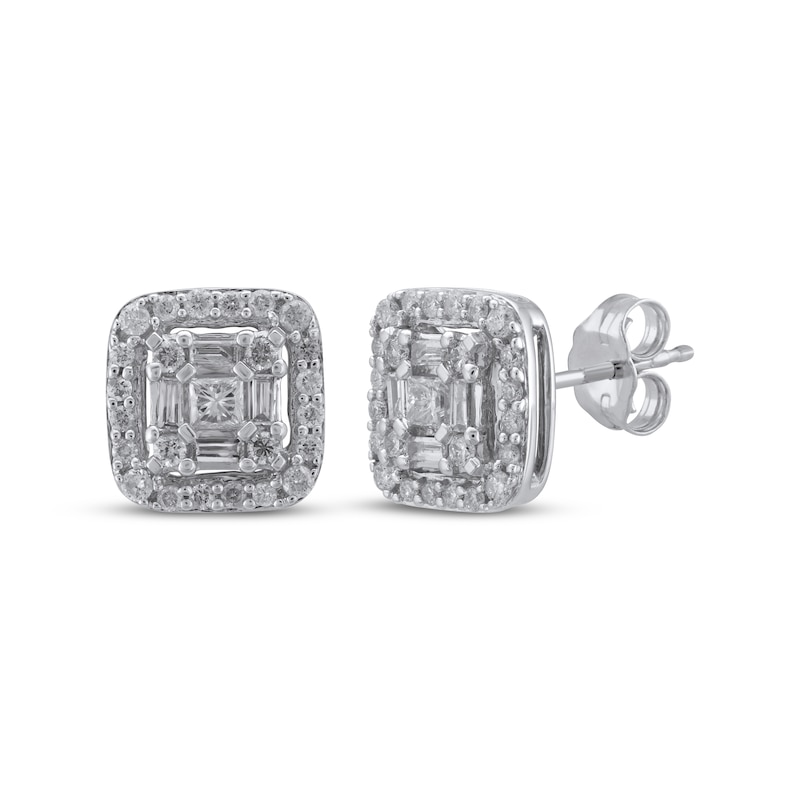 Main Image 1 of Multi-Diamond Cushion Halo Stud Earrings 1/2 ct tw 10K White Gold