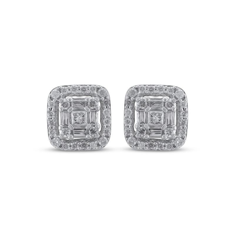 Main Image 2 of Multi-Diamond Cushion Halo Stud Earrings 1/2 ct tw 10K White Gold