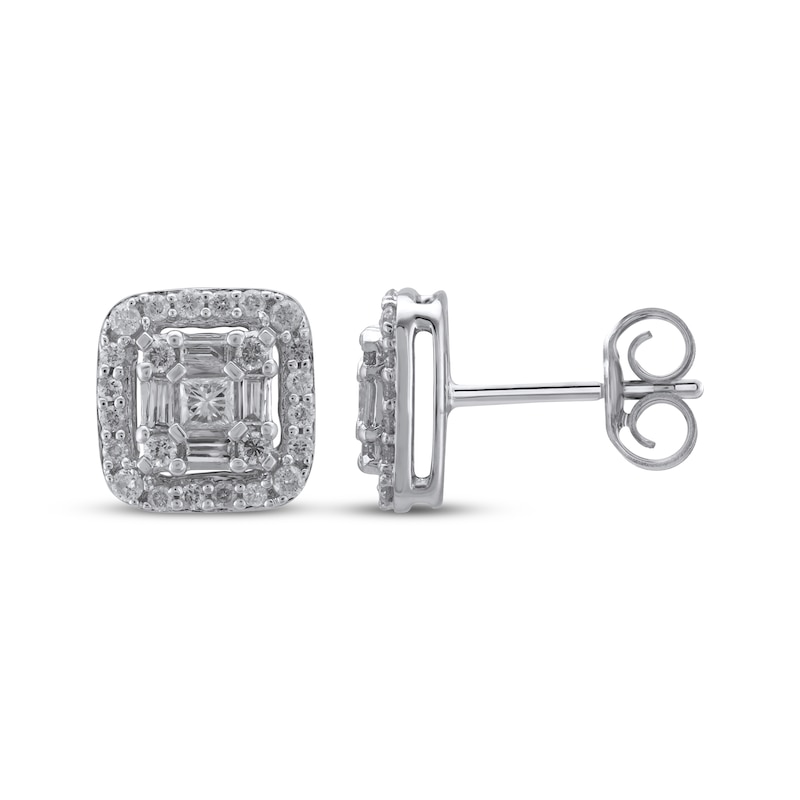 Main Image 3 of Multi-Diamond Cushion Halo Stud Earrings 1/2 ct tw 10K White Gold